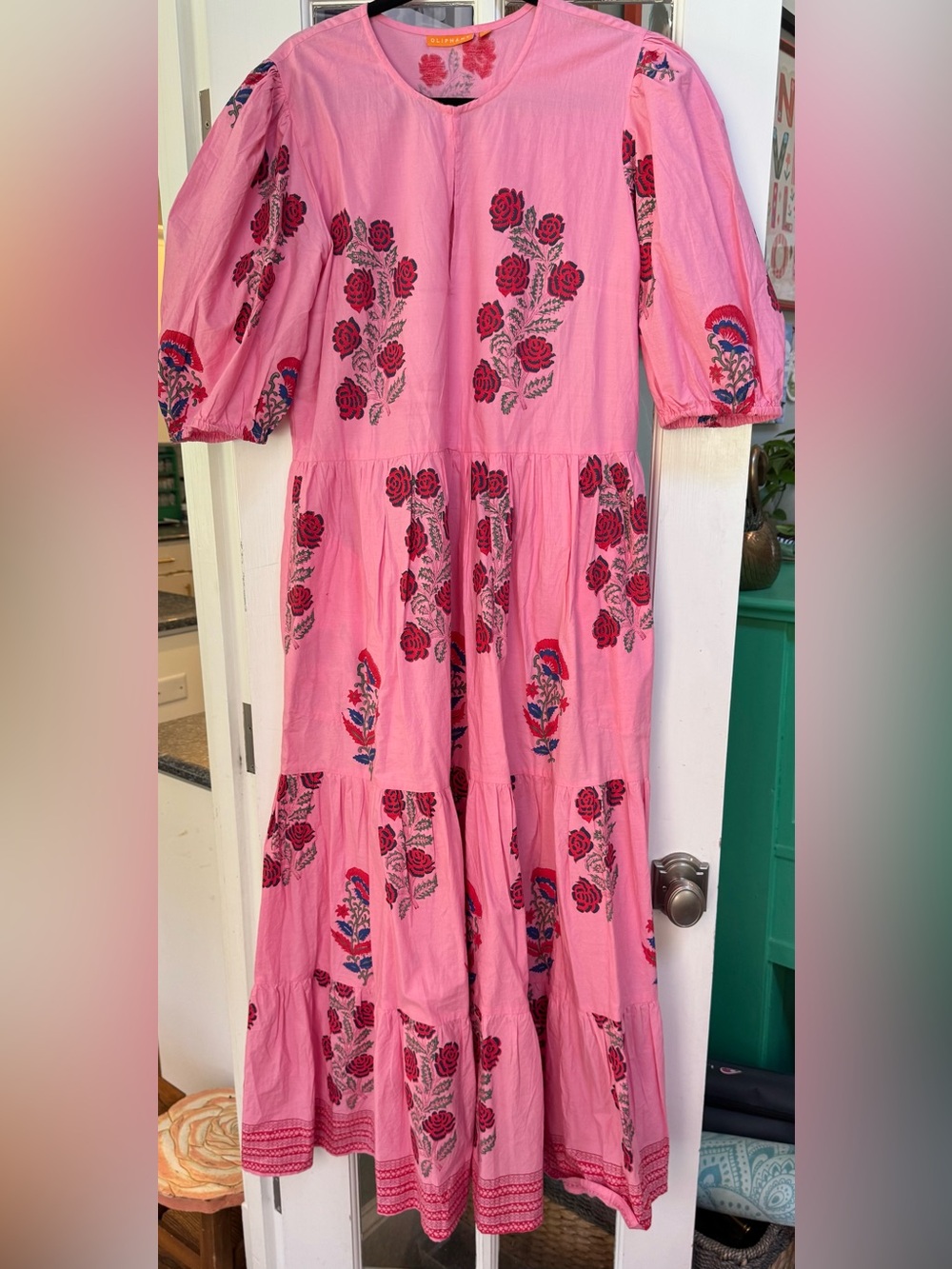 Oliphant Puff Sleeve Maxi Dress Boca Pink Rose Block Print